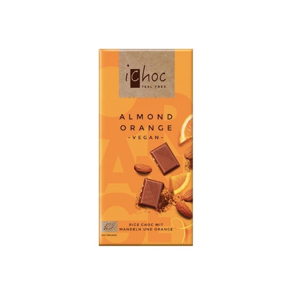Chocolate con jarabe de arroz, almendra y naranja orgánico 80grs Marca: Ichoc