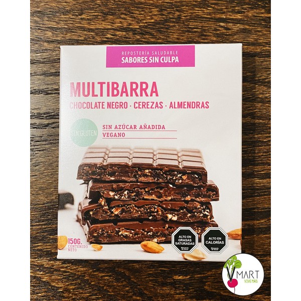 Multibarra , chocolate negro, cerezas y almendra 150 grs. Sabores sin culpa