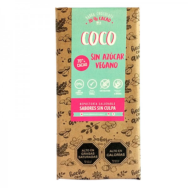Barra Choco Coco 70% cacao 80grs .Sabores sin Culpa