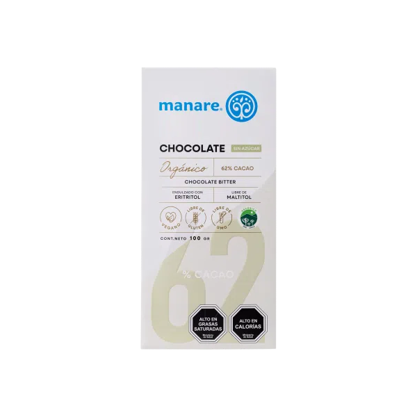 Chocolate orgánico 62% cacao sin azúcar. Manare